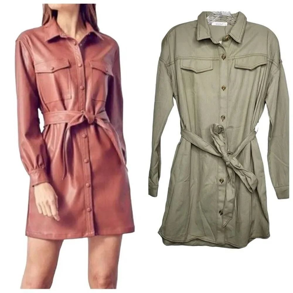 Idem ditto Utility Button Front Belted Mini Shirt Dress in Sage Size Small